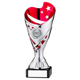 SILVER/PINK PLASTIC 'SABRE' CUP ON BLK MARBLE ASSEMBLED TROPHY (1" CEN) - 6.75in